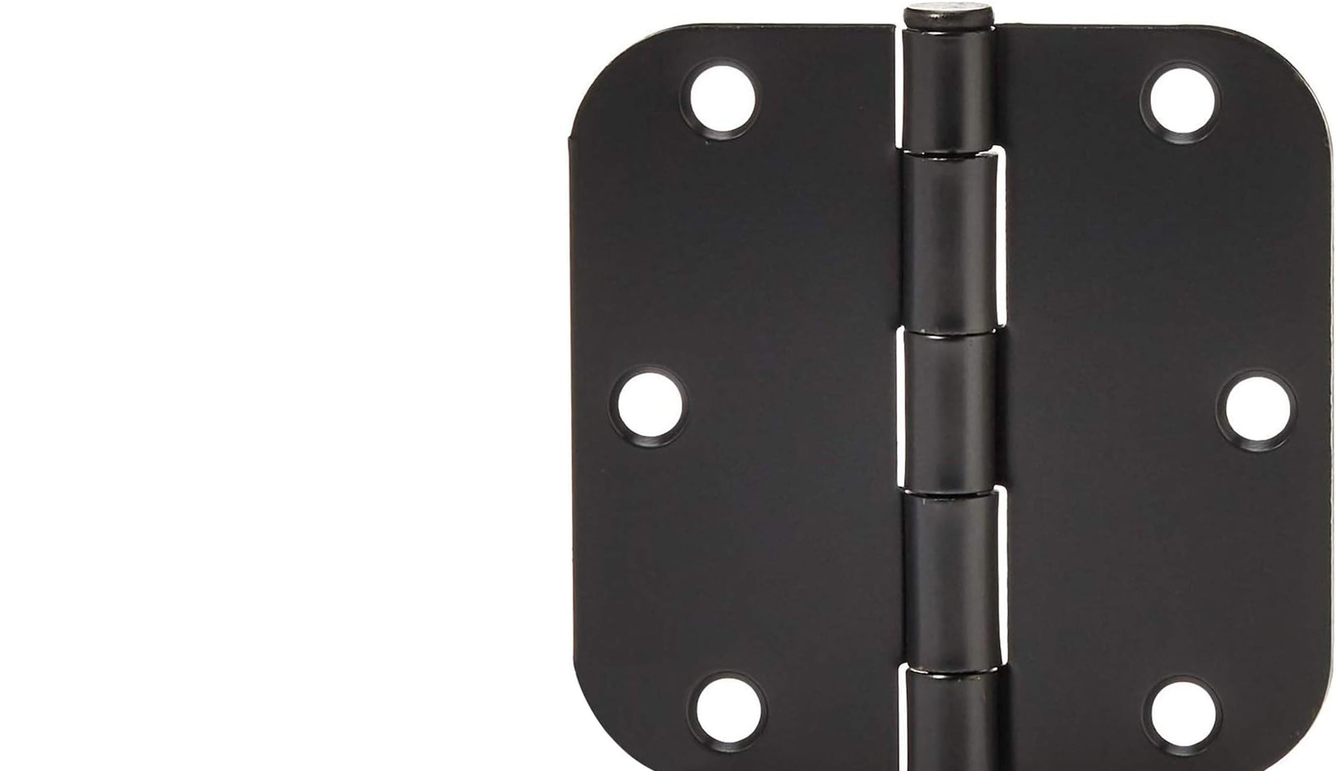 A matte black rounded corner door butt hinge with its mounting screws